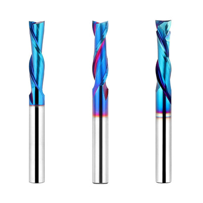 3PCS 1/4 Inch Shank Tungsten Steel Nano Blue Spiral Router Bits Up Cut Down Cut Compression Router Bit for Wood Cutting / Slot Mortise / Engraving
