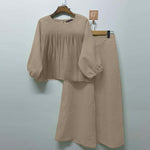 LinkMejor 2pcs Women Loose Fit Long Sleeve Top Long Trousers Casual Solid Color Two Piece Set Plus Size S-5XL