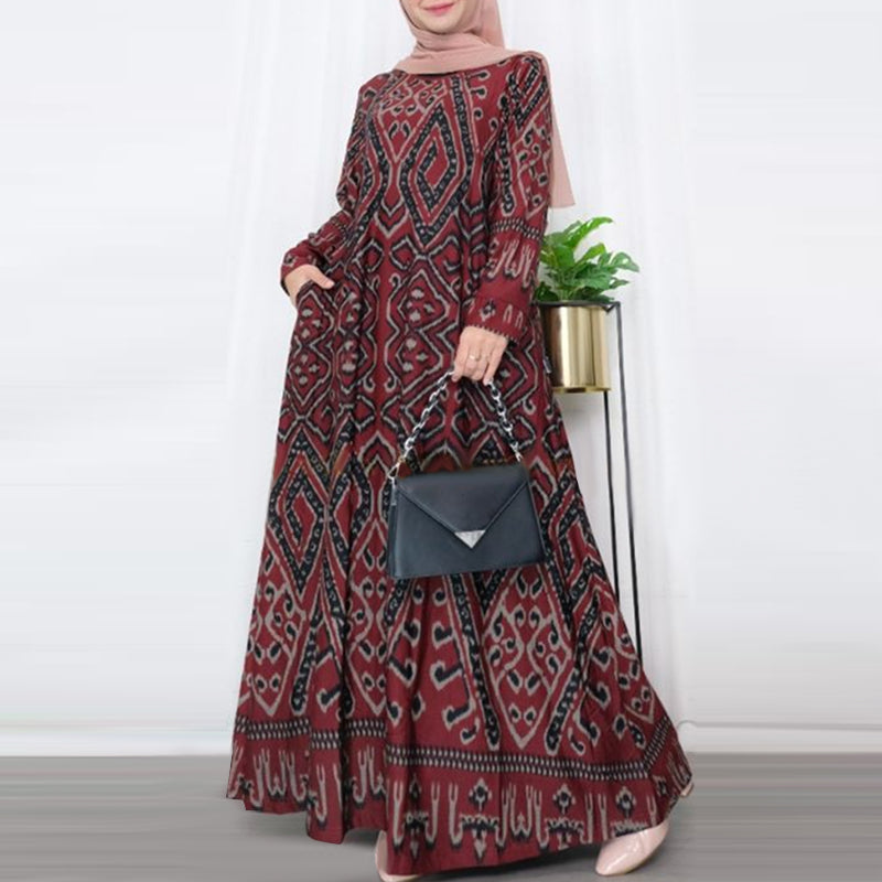 LinkMejor Womens Ethnic Long Dress Vintage Floral Casual Holiday Long Sleeve O-Neck Maxi Dress
