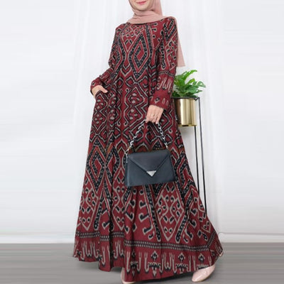 LinkMejor Womens Ethnic Long Dress Vintage Floral Casual Holiday Long Sleeve O-Neck Maxi Dress