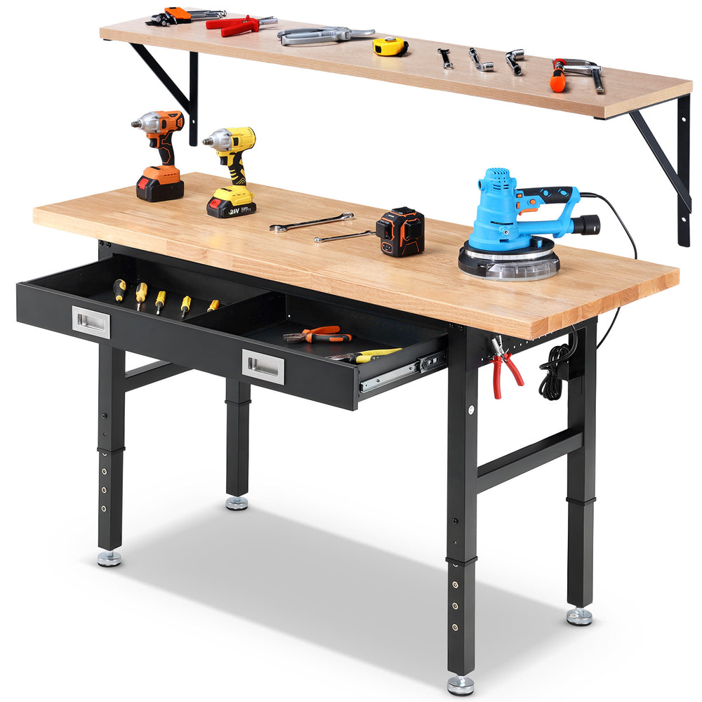 LinkMejor Workbench With Drawers 60 x 22 Inch Adjustable Height 28 to 40 Inch Rubberwood Top 2000 lbs Heavy Duty Garage Workbench With Power Outlets Pegboards Shelf Bracket