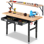 LinkMejor Workbench With Drawers 60 x 22 Inch Adjustable Height 28 to 40 Inch Rubberwood Top 2000 lbs Heavy Duty Garage Workbench With Power Outlets Pegboards Shelf Bracket