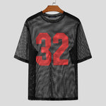LinkMejor Mens Numeric Print Sheer Mesh T-Shirt Solid Color Crew Neck Tshirts Fashion Matching Streatwear for Male Plus Size S-5XL