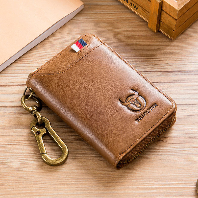 LinkMejor Genuine Leather Mens Waist-Mounted Wallet Card & Id Holders Multi-function Key Chain Holders Mini Key Bag Coin Purse Wallet Two-In-One with Gift Box
