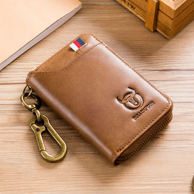 LinkMejor Genuine Leather Mens Waist-Mounted Wallet Card & Id Holders Multi-function Key Chain Holders Mini Key Bag Coin Purse Wallet Two-In-One with Gift Box