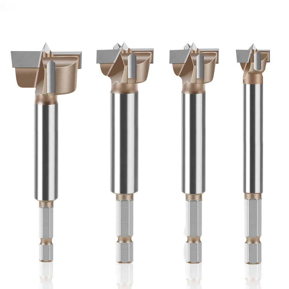 10mm to 50mm Professional Hexagonal Shank Woodworking Hinge Boring Bit Tungsten Carbide Blade Three-Tooth Double Blade Design Multiple Sizes