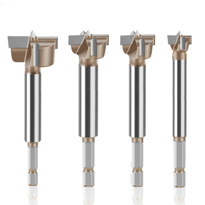 10mm to 50mm Professional Hexagonal Shank Woodworking Hinge Boring Bit Tungsten Carbide Blade Three-Tooth Double Blade Design Multiple Sizes