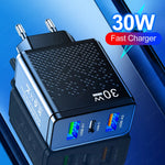 PD30W 3-Port USB PD Charger 2USB-A+USB-C PD QC3.0 Fast Charging Wall Charger Adapter EU Plug US Plug for iPhone 16 16 Pro 15 14 Plus 13 12 for Xiaomi 15 pro for Huawei Mate XT for Samsung Galaxy Z Flip6