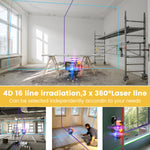 New 16 Lines 4D Laser Level Remote Control 4 Colors Beam 360° Horizontal ＆ Vertical Powerful Lines Laser Levels Power Display 2 Batteries