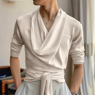 LinkMejor Mens French Elegance Draped Neck Shirt Fashion High Elastic Solid Color Long Sleeve Top for Men
