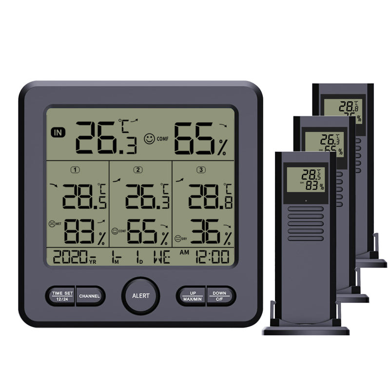 TS-6210 1-to-3 Wireless Weather Station Indoor Outdoor Temperature and Humidity Sensor Digital Display Thermometer Hygrometer with Backlight Smart Home Sensor Kit