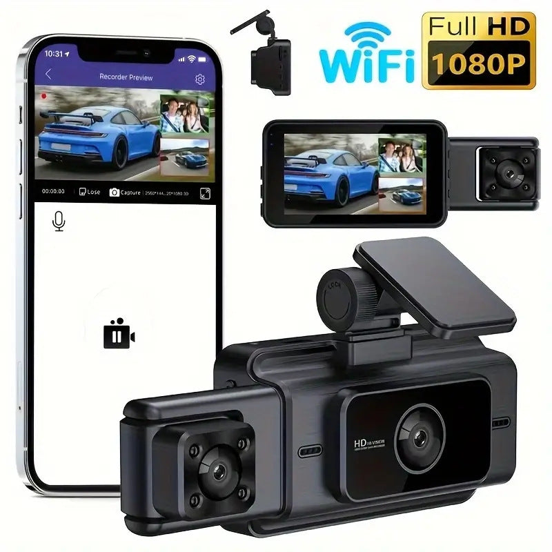 3 inch Triple Car Front Windshield Record WIFI Car DVR Monitoring Night Vision 1080P HD Camera Car DVR Cam with 64G Memory Card