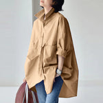 LinkMejor Womens Office Casual Solid Color Long Sleeve Shirts with Pockets Elegant Lapel Button Up Midi Blouse