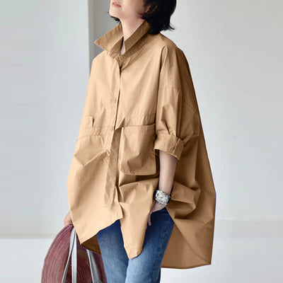 LinkMejor Womens Office Casual Solid Color Long Sleeve Shirts with Pockets Elegant Lapel Button Up Midi Blouse