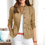 LinkMejor Womens Fashion Button Down Front Side Pocket Outwear Casual Long Sleeve Stand Collar Jackets