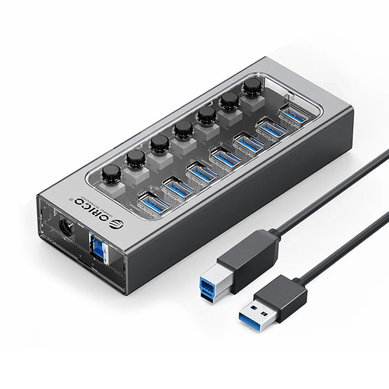 LinkMejor AT2U3 7-in-1 5Gbps USB 3.0 Hub Docking Station with Independent Power Switch 7xUSB-A Splitter Adapter for Macbook Mobile Phone Tablets