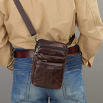 Ekphero Men's Genuine Leather Crossbody Bag with Zipper Mobile Phone Shoulder Bag Small Travel Waist Bag Multi-Pockets Male Belt Waist Packs