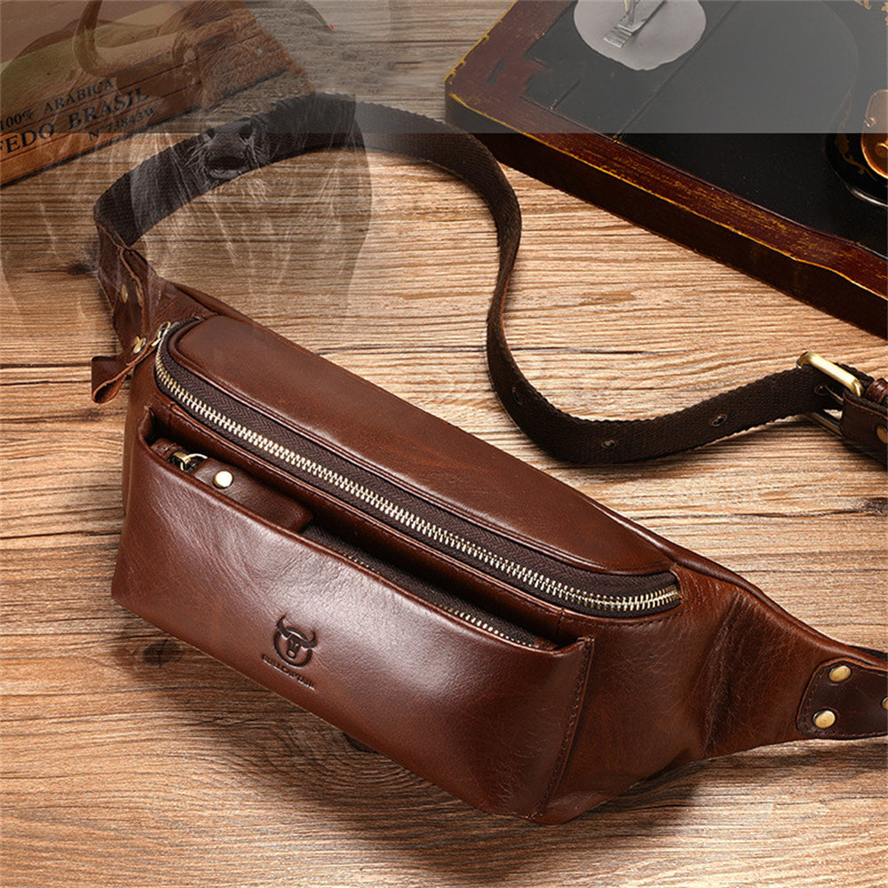 LinkMejor Men's Genuine Leather Fanny Bag Adjustable Strap Waist Bag Retro Crossbody Chest Bag