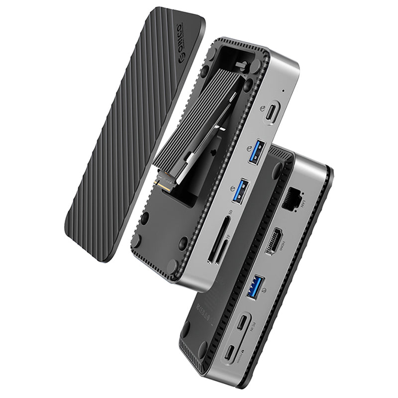 LinkMejor DPM2P9 10-in-1 M.2 SSD Enclosure Docking Station with Cooling Fan PD100W / 10Gbps Type-C*2 / 5Gbps USB3.0*2 / 10Gbps USB3.2 Gen2 / 4K@60Hz HD / 1000M RJ45 / SD&TF3.0 Multi-ports USB-C Hub Splitter Adapter
