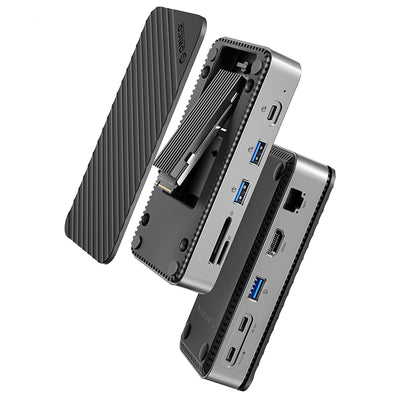 LinkMejor DPM2P9 10-in-1 M.2 SSD Enclosure Docking Station with Cooling Fan PD100W / 10Gbps Type-C*2 / 5Gbps USB3.0*2 / 10Gbps USB3.2 Gen2 / 4K@60Hz HD / 1000M RJ45 / SD&TF3.0 Multi-ports USB-C Hub Splitter Adapter
