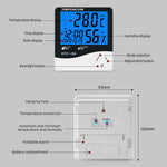 HTC8A Digital LCD Thermometer Hygrometer Large Display Indoor Temperature Humidity Monitor with Alarm Clock Calendar Backlight Max Min Memory Celsius Fahrenheit Home Office Room Desktop Wall Mount