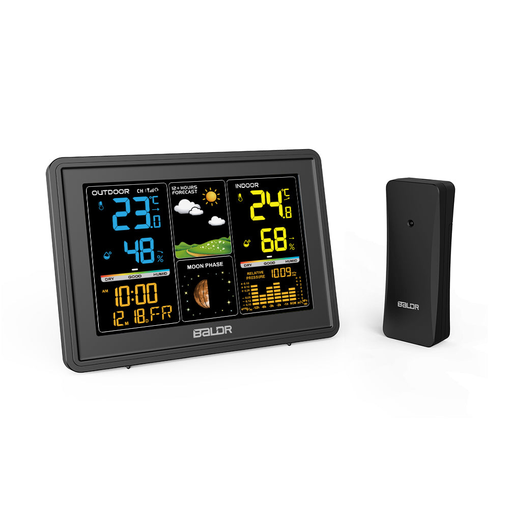 LinkMejor Wireless Weather Station Digital Display Alarm Clock Calendar Temperature Hygrometer Meter Weather Forecast Radio Wave Moon Phase Barometer Sensor