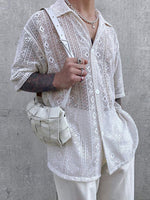 LinkMejor Men's Hollow Lace Loose Short Sleeve Shirts