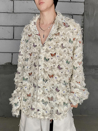 LinkMejor Mens Shirt Butterflies Print Tassel Shirts Fashion Party Long Sleeve Lapel Top Summer Casual Male Clothing Shirts