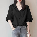 LinkMejor Women's Blouse Commute New Fashion Lantern Sleeve V-Neck Lapel Solid Office Top Shirt