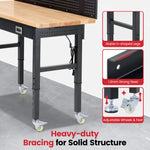 LinkMejor 60-Inch Adjustable Workbench With Pegboard Rubberwood Top LED Light Power Strip Drawer 2000 Lb Capacity Casters And Leveling Feet Garage Workshop Table