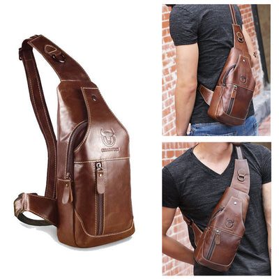 LinkMejor Men Genuine Leather Wear Resisting Textured Business Casual Brown Black Chest Bag Shoulder Crossbody Bag