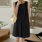 LinkMejor Women Crew Neck Sundress Knee Dresses Oversized Sleeveless Casual Solid Loose Midi Dresses