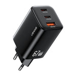 [GaN Tech] USAMS CC265 67W 3-Port USB Charger 2USB-C+USB-A Fast Charging Wall Charger Adapter EU Plug for iPhone 16 16 Pro 15 14 13 Pro Max for Xiaomi 15pro for Samsung Galaxy S25 Ultra