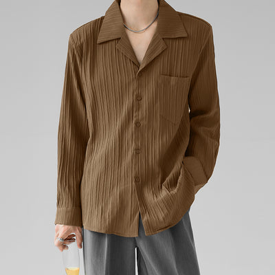 LinkMejor Men's Casual Shirt Solid Color Long Sleeve Lapel Collar Button-Down Daily Shirt with Single Color Stripes, Loose Fit