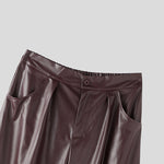 LinkMejor Mens Solid Color Leather Wide-Leg Pant Casual Elastic Waist Straight Legged Pants