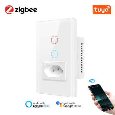 Brazil Standard Tuya Zigbee3.0 Smart Wall Light Switch with Socket 4X2 Glass Panel Light Switch Smart Life Voice Control Via Alexa Google Home