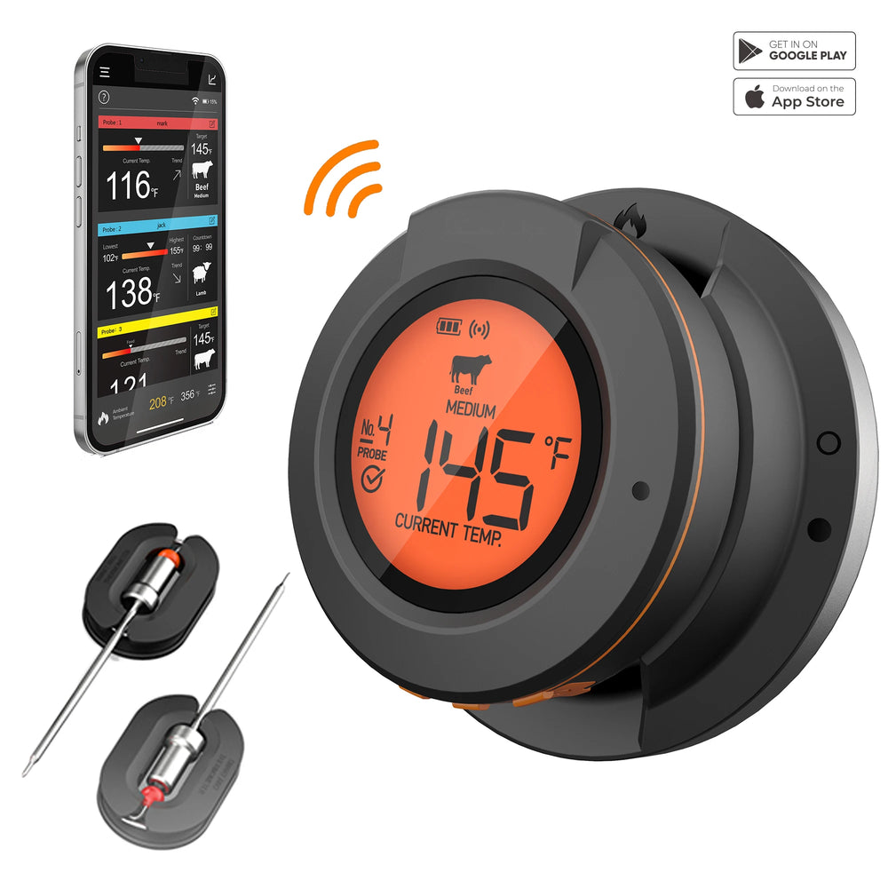 Smart Digital Bluetooth Food Cooking Waterproof IP54 Bluetooth Wireless BBQ Remote Thermometer Probes Barbecue Thermometer Free App Control Time Alarm