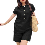 LinkMejor Womens Casual 2pcs Sets Short Sleeve Top Blouse Elastic Waist Pants Loose Suits