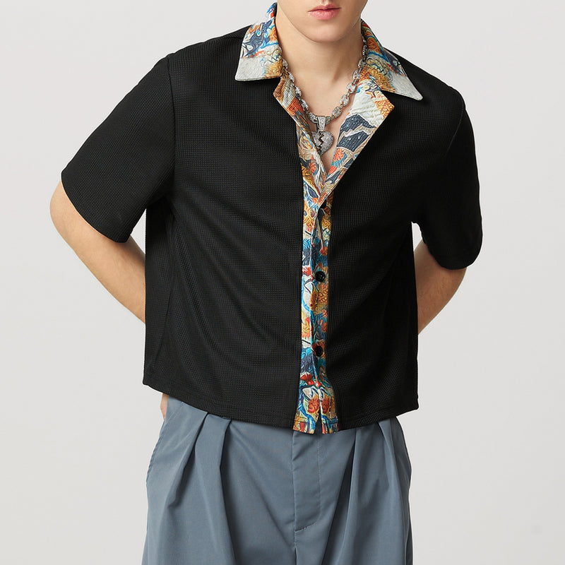 LinkMejor Mens Textured Patchwork Cropped Short Sleeve Shirt Comfortable Fashion Solid Printed Edge Lapel Top