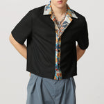 LinkMejor Mens Textured Patchwork Cropped Short Sleeve Shirt Comfortable Fashion Solid Printed Edge Lapel Top