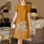 LinkMejor Womens Elegant Floral Embroidery Satin Dress Party Puff Sleeve Ruffles Knee Length Dresses