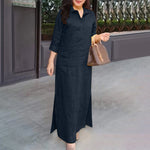 LinkMejor Women's Dresses Turn-Down-Collar 3/4 Sleeve Elegant Office Side Split Plain Maxi Shirt Dress