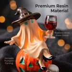Elfeland Halloween Ghost Night Light Tipsy Ghost Pumpkin Table Lamp with Wine Glass & Skull USB Plug-in LED Decor Resin Halloween Decoration Gift