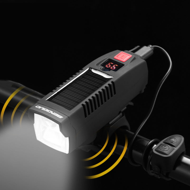 LinkMejor Solar Rechargeable Bike Headlight LED Super Brightness 1800mAh Battery Waterproof 4 Light Modes Warning Flashlight with 120dB Horn for Night Cycling