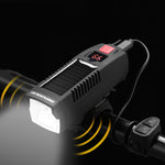 LinkMejor Solar Rechargeable Bike Headlight LED Super Brightness 1800mAh Battery Waterproof 4 Light Modes Warning Flashlight with 120dB Horn for Night Cycling