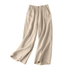 LinkMejor Women Cotton Elastic Waist Solid Color Long Pants Casual Loose Straight Trousers
