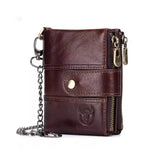 LinkMejor Cow Leather Men Wallet Short with Chain Multi Card Slot Double Zipper Business Retro Coin Purse Holder Credit Card Organizer Stylish Male Money Clutch Bags