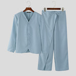 LinkMejor Mens Solid Color Long Sleeve Two-Piece Outfit Collarless Blazer & Suit Pants Men's Fashion Set