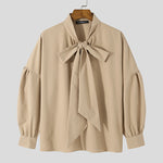 INCERUN Mens Solid Tie Neck Puff Sleeve Loose Shirt
