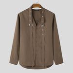 LinkMejor Mens Tie Design Long Sleeve Shirt Casual Solid Color Fashion Design Men Top Loose Fit